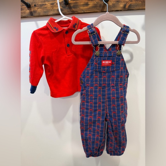 VINTAGE *RARE* OshKosh B'Gosh Vestbak Overalls & Shirt Blue Red Wagon - Picture 8 of 10